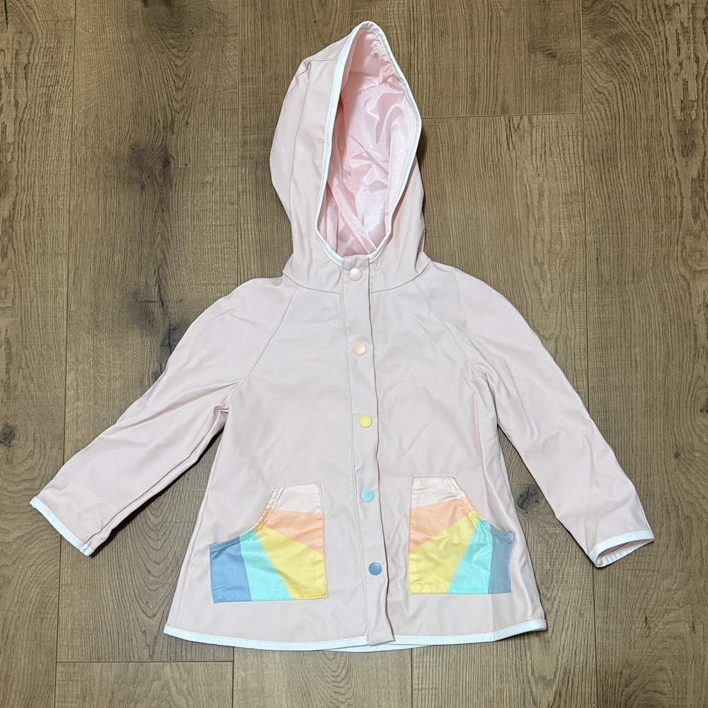Toddler Girl Pastel Pink Rainbow Hooded Raincoat / Jacket 2T